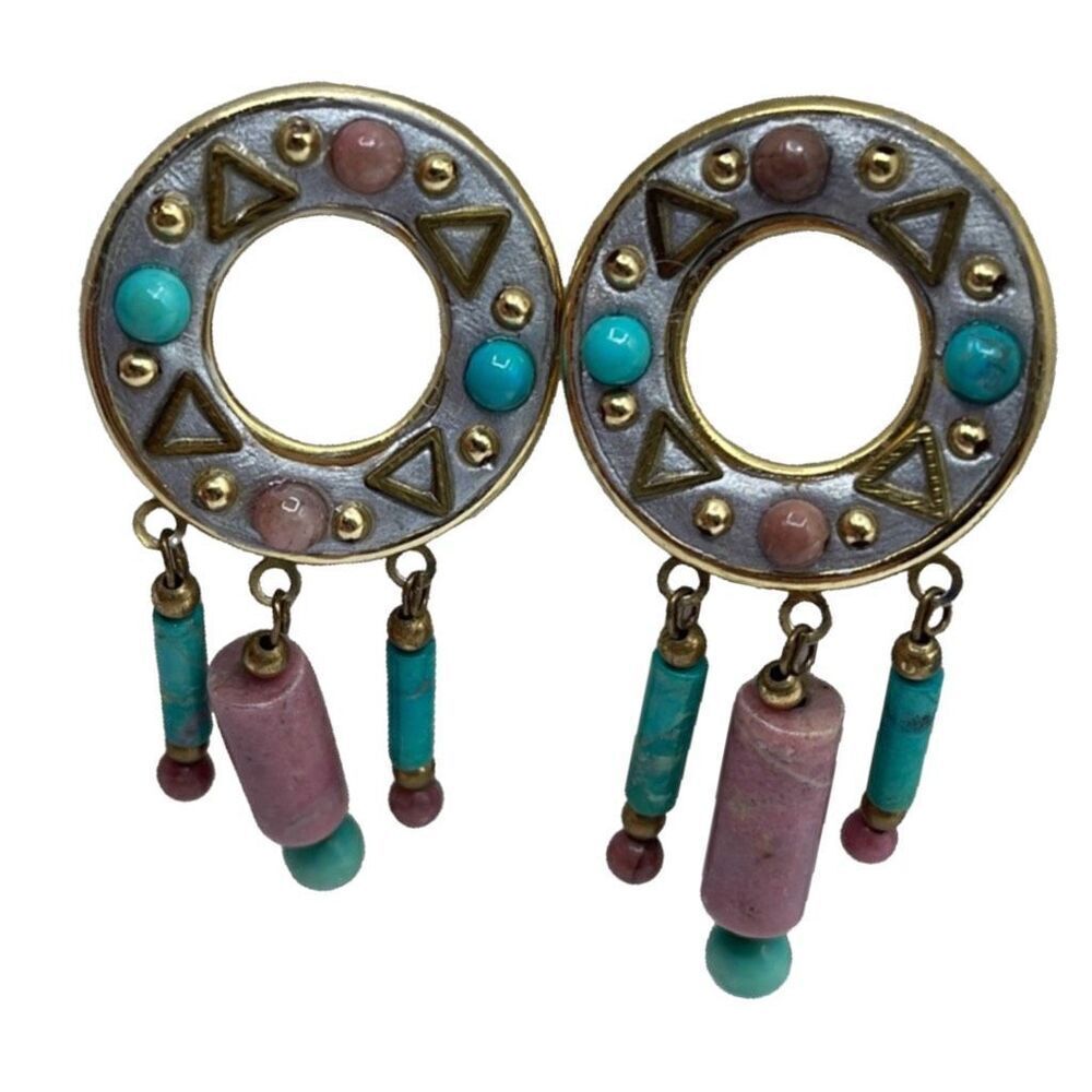 Vintage boho Aztec ethnic dangle beaded fringe earrings